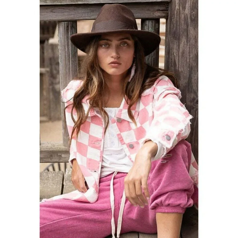 POL Clothing Pink and White Denim Checkered Race Check Shacket New S-L YWT7 - Picture 3 of 8